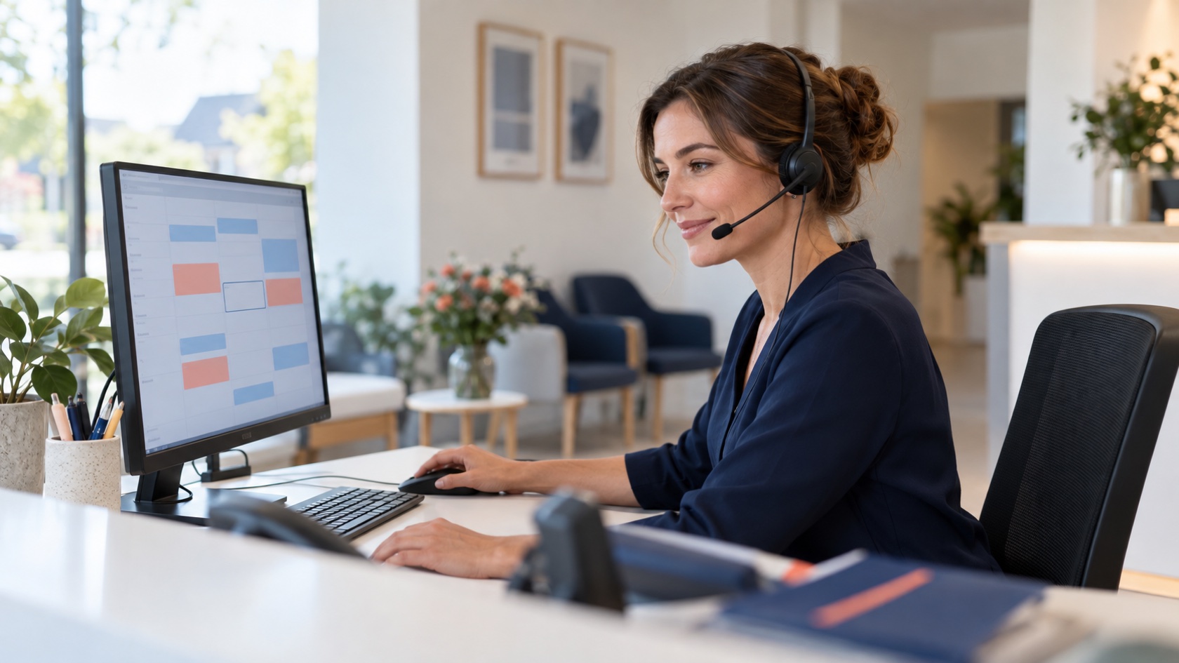 Telefonische medewerker verwerkt een geannuleerde afspraak en een mogelijke wachtlijstactie in een digitale agenda