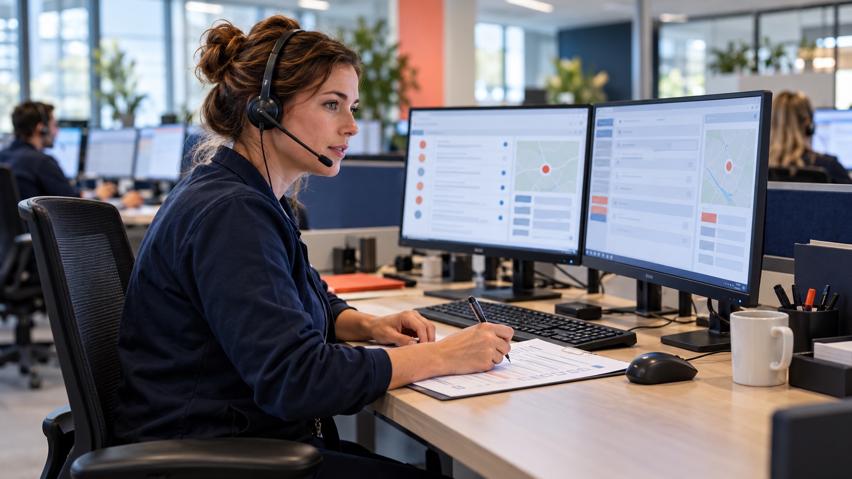 Telefoniste met headset vergelijkt gegevens op twee schermen met een checklist en markeert een gecontroleerd veld