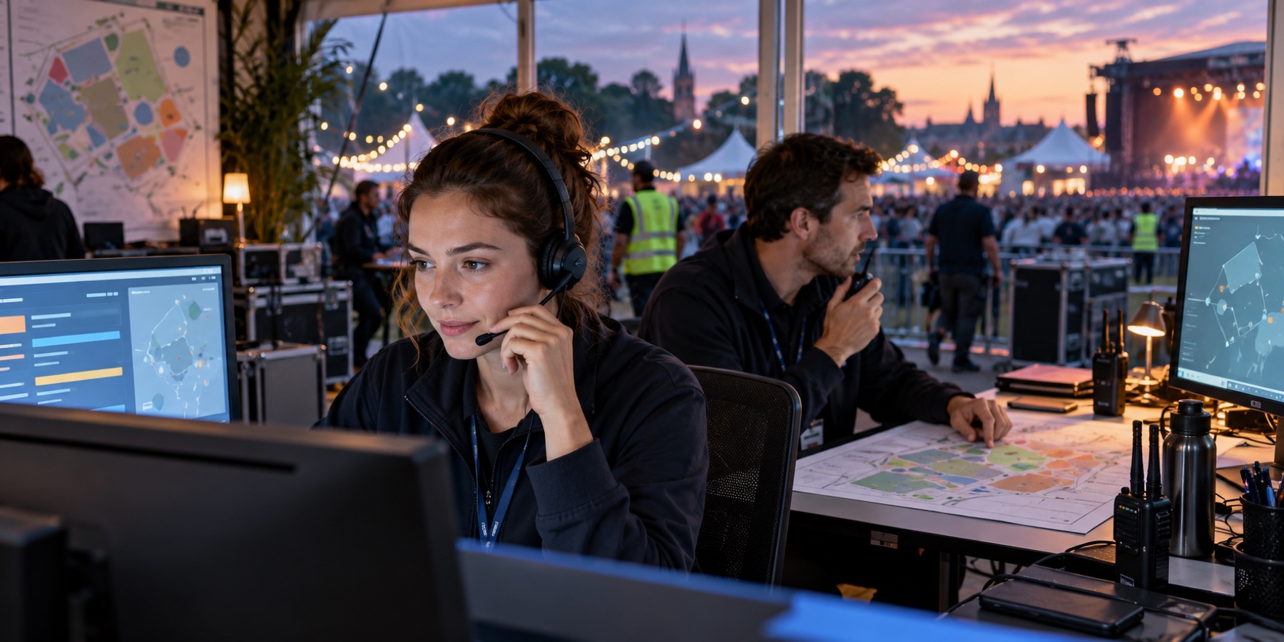 Telefonische operator en terreincoördinator volgen rollen en zones op tijdens een festival