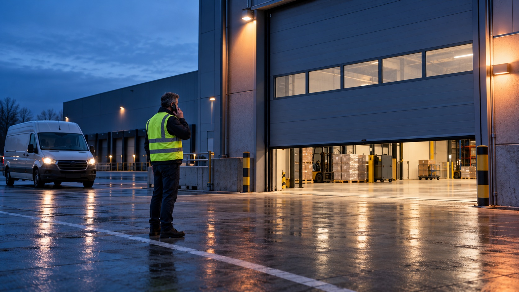 Sitecoördinator meldt bij een logistiek gebouw een industriële poort die halverwege is geblokkeerd