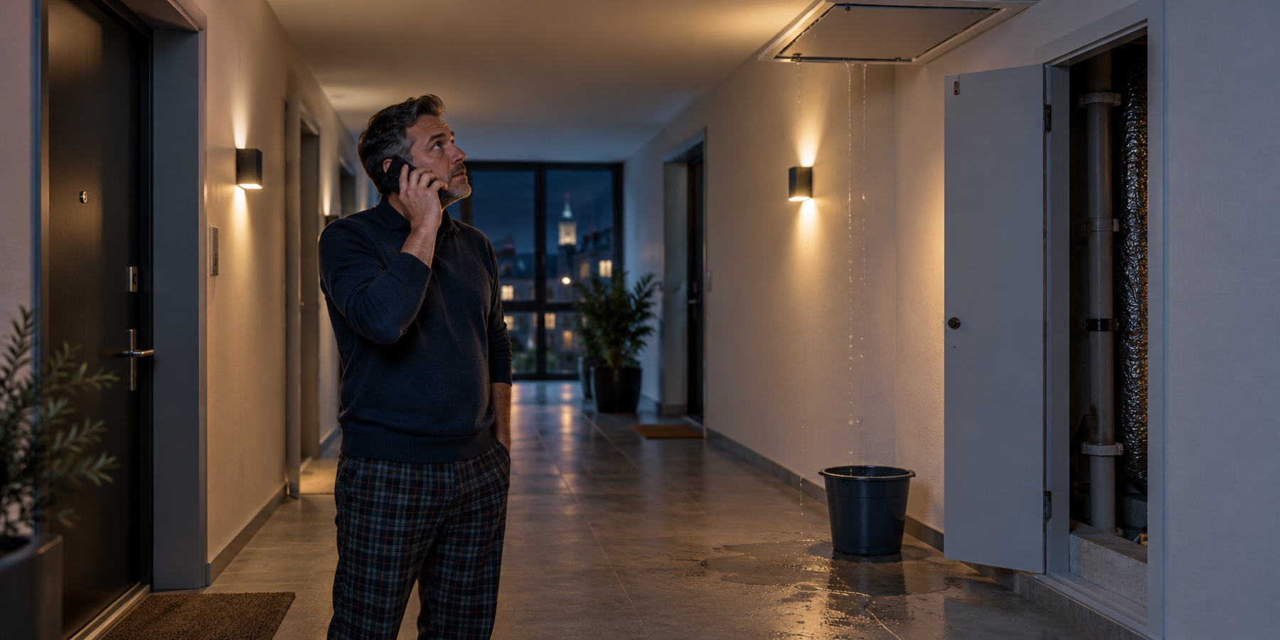 Bewoner meldt ’s nachts een waterlek in een appartementsgebouw terwijl de wachtdienst de interventie voorbereidt