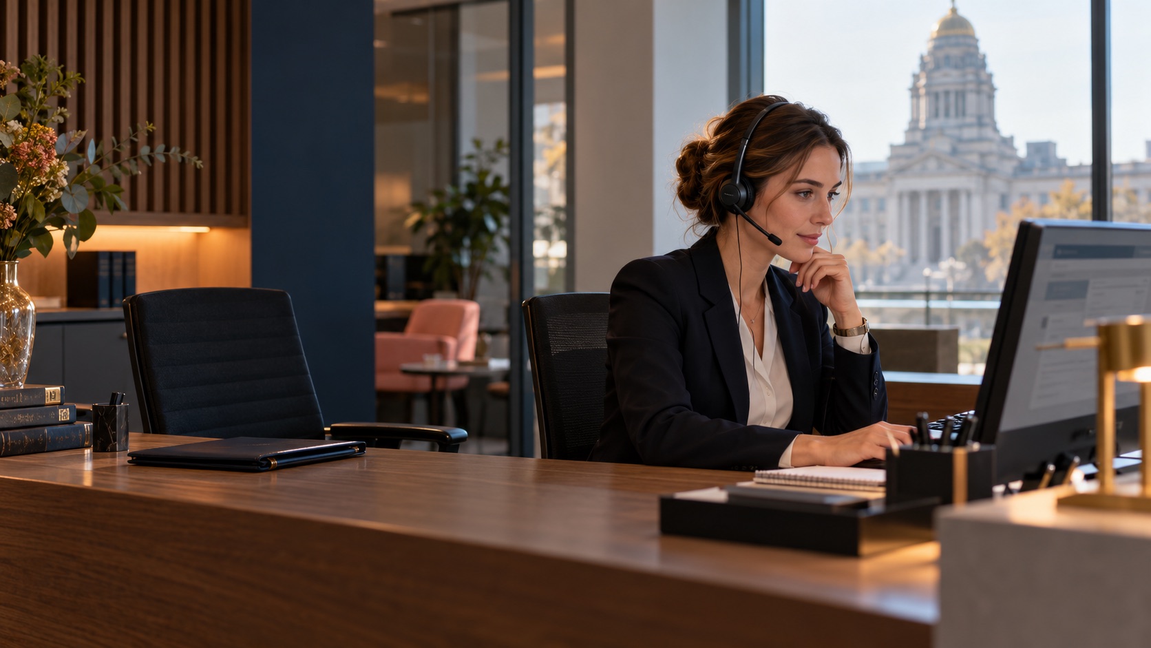 Telefoniste noteert discreet een eerste cliëntaanvraag voor een advocatenkantoor
