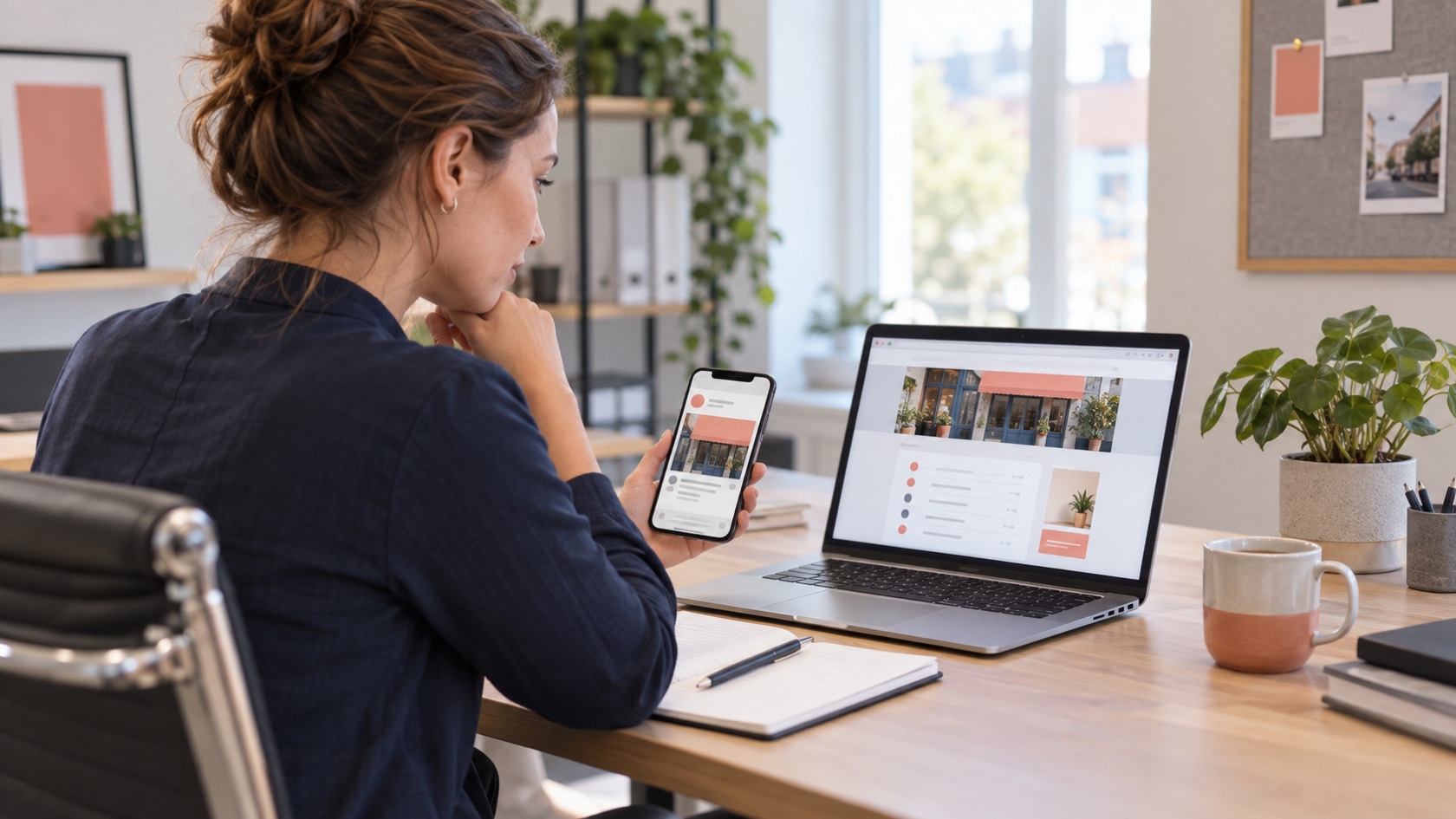 Contentmedewerker vergelijkt een update van de openingsuren op een website en smartphone