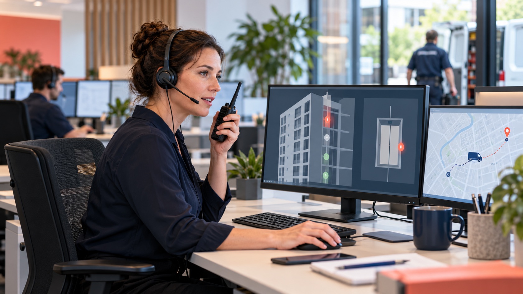 TeleDispatch-operator onderhoudt rustig contact en coördineert een liftinterventie via twee schermen