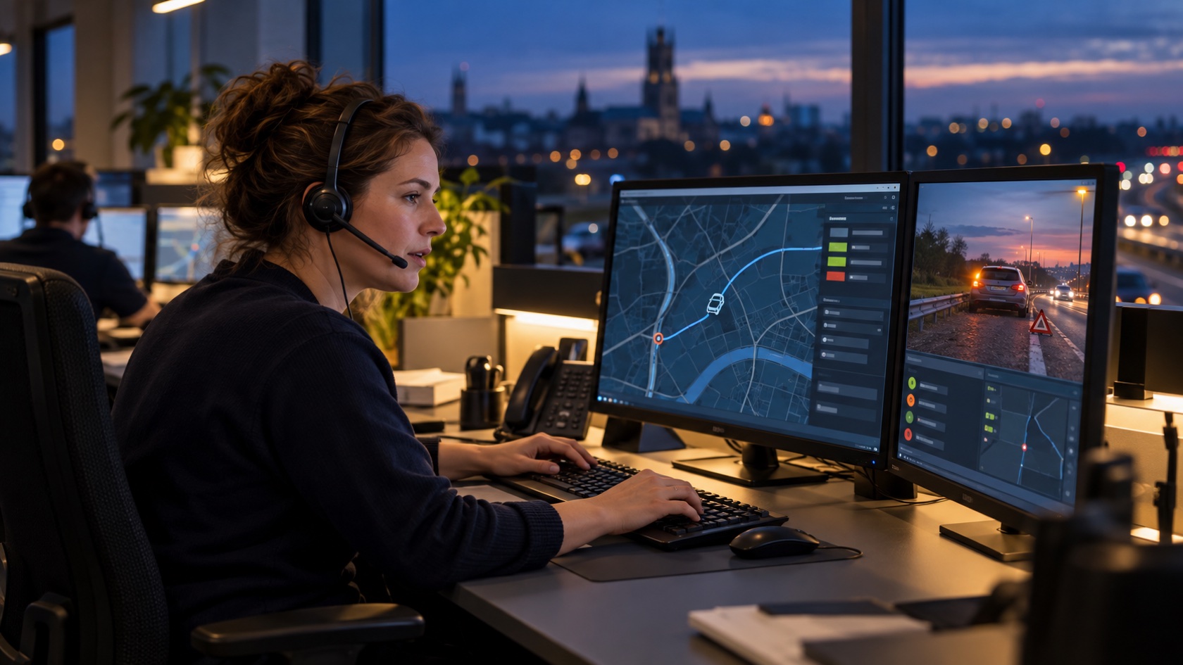 TeleDispatch-operator coördineert een pechoproep via een routekaart en een beeld van het voertuig langs de weg