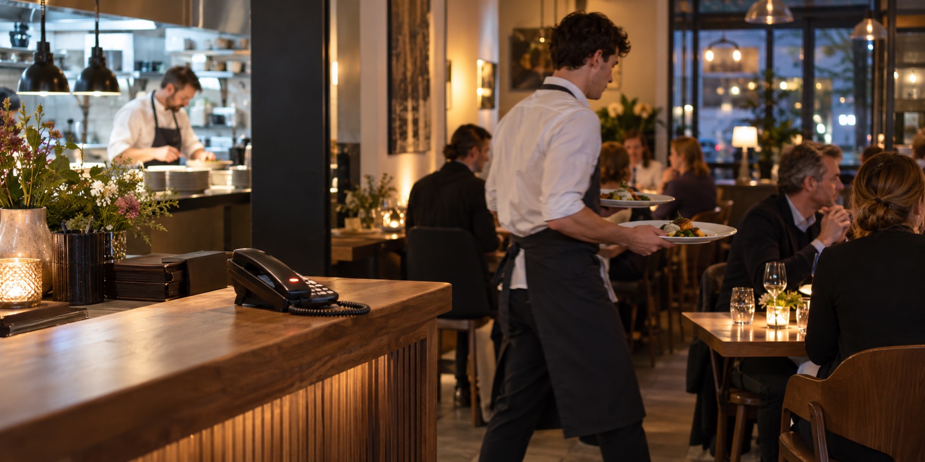 Telefoon op de ontvangstbalie terwijl een ober gerechten naar gasten brengt tijdens een drukke restaurantservice