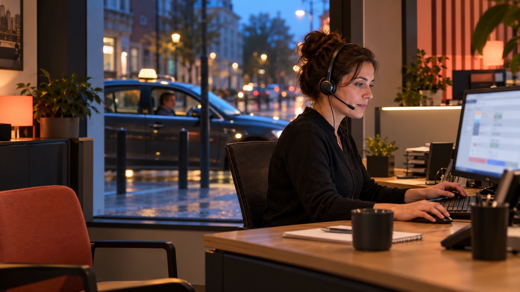 Telefoniste registreert een ritaanvraag terwijl een taxichauffeur veilig aan de kant van de weg staat
