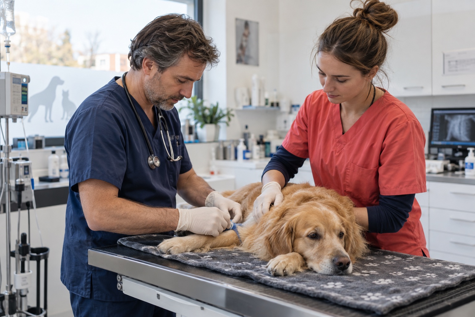 Dierenarts en assistent die geconcentreerd een hond behandelen