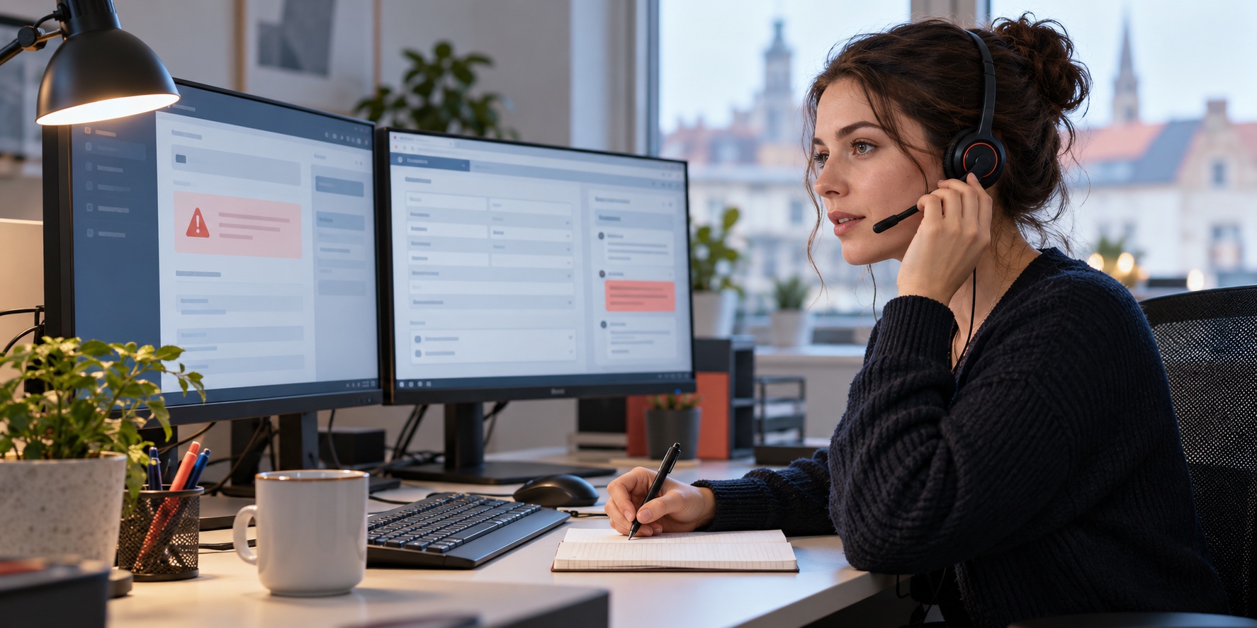 TeleDispatch-operator beoordeelt op twee schermen een technische melding en zet ze om in een opvolgactie