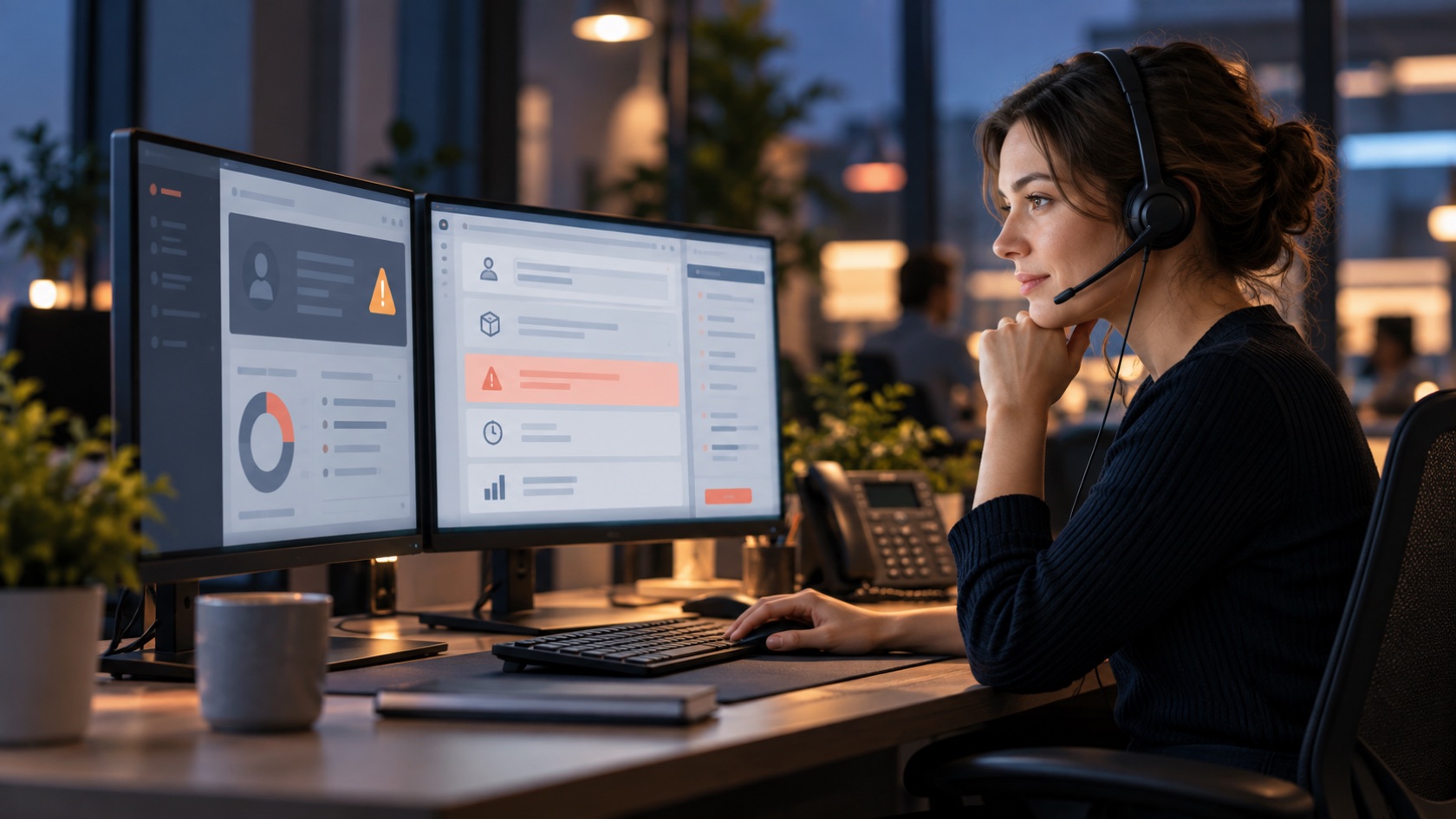 Telefoniste onderzoekt een licentievraag in een klantaccount en bereidt een gerichte escalatie voor