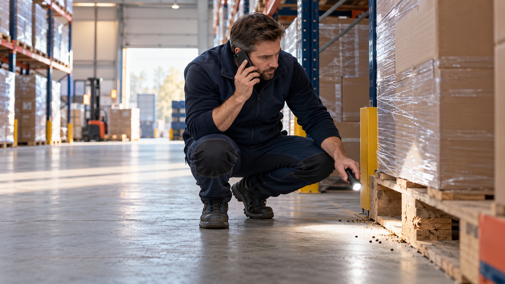 Magazijnverantwoordelijke meldt telefonisch sporen bij een pallet terwijl hij de locatie met een zaklamp controleert