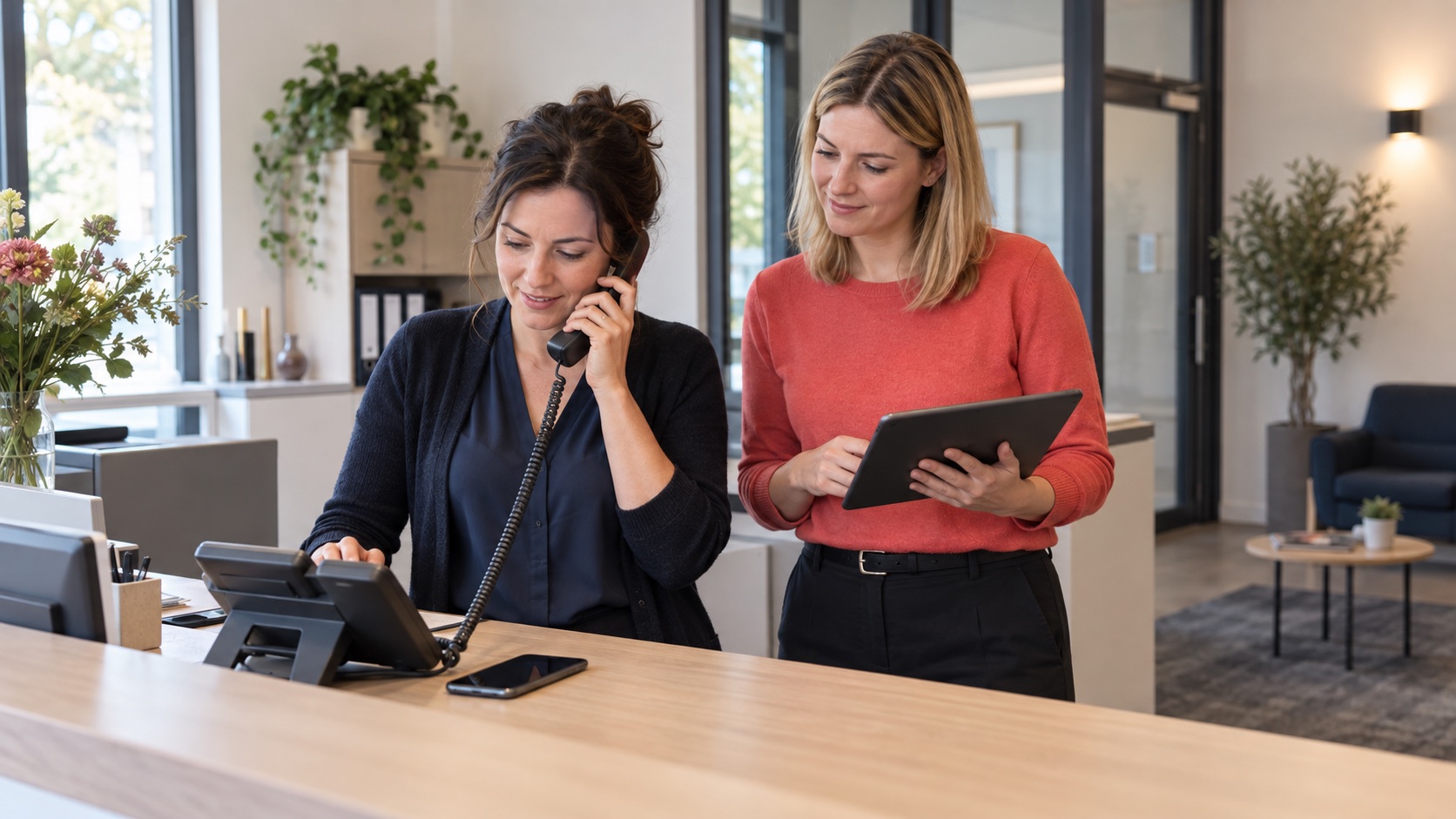 Twee medewerkers testen vooraf de telefonische back-up aan een receptiebalie