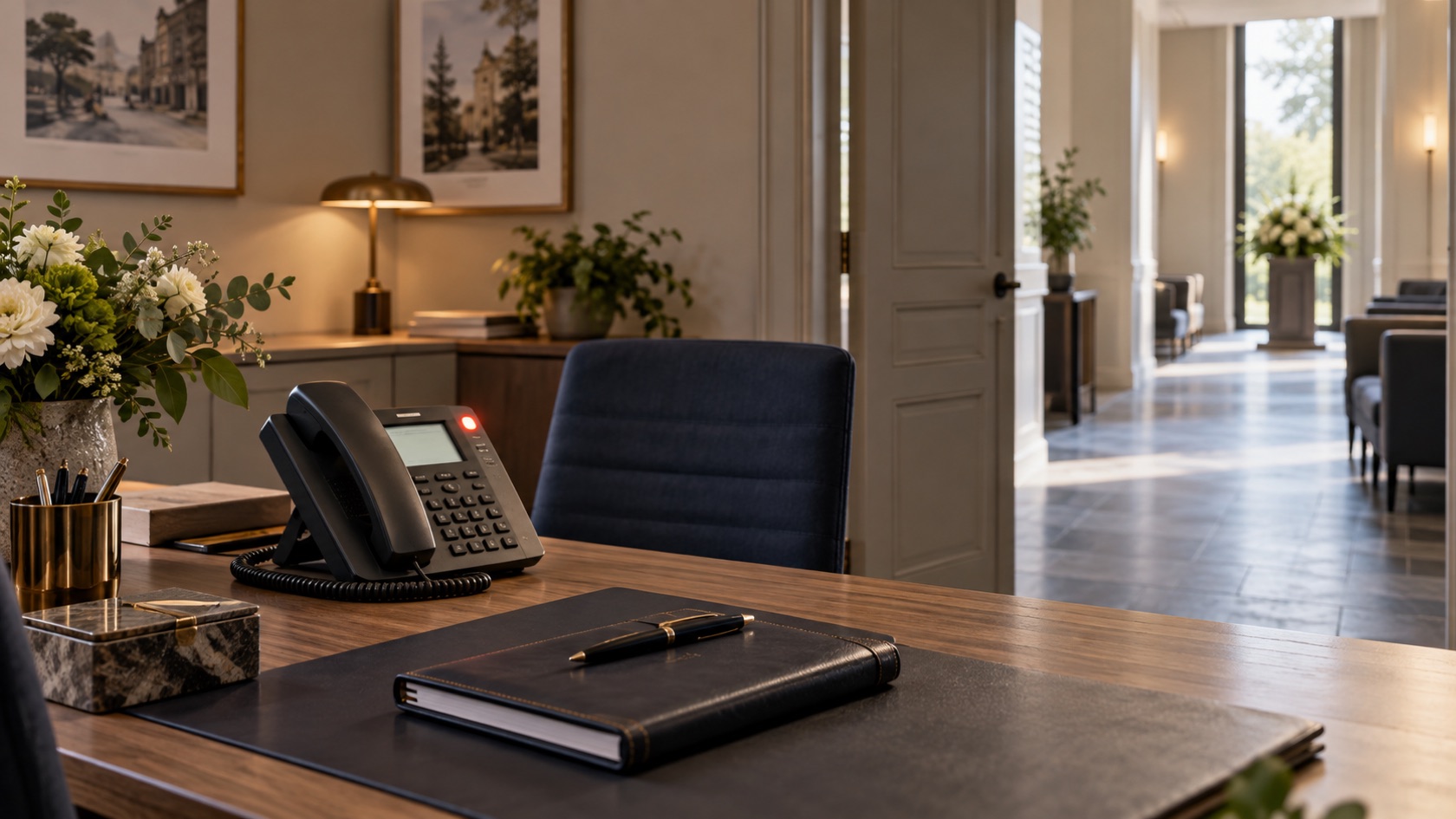 Ingetogen kantoor van een uitvaartondernemer met een telefoon op het bureau terwijl de ontvangstruimte tijdelijk onbezet is