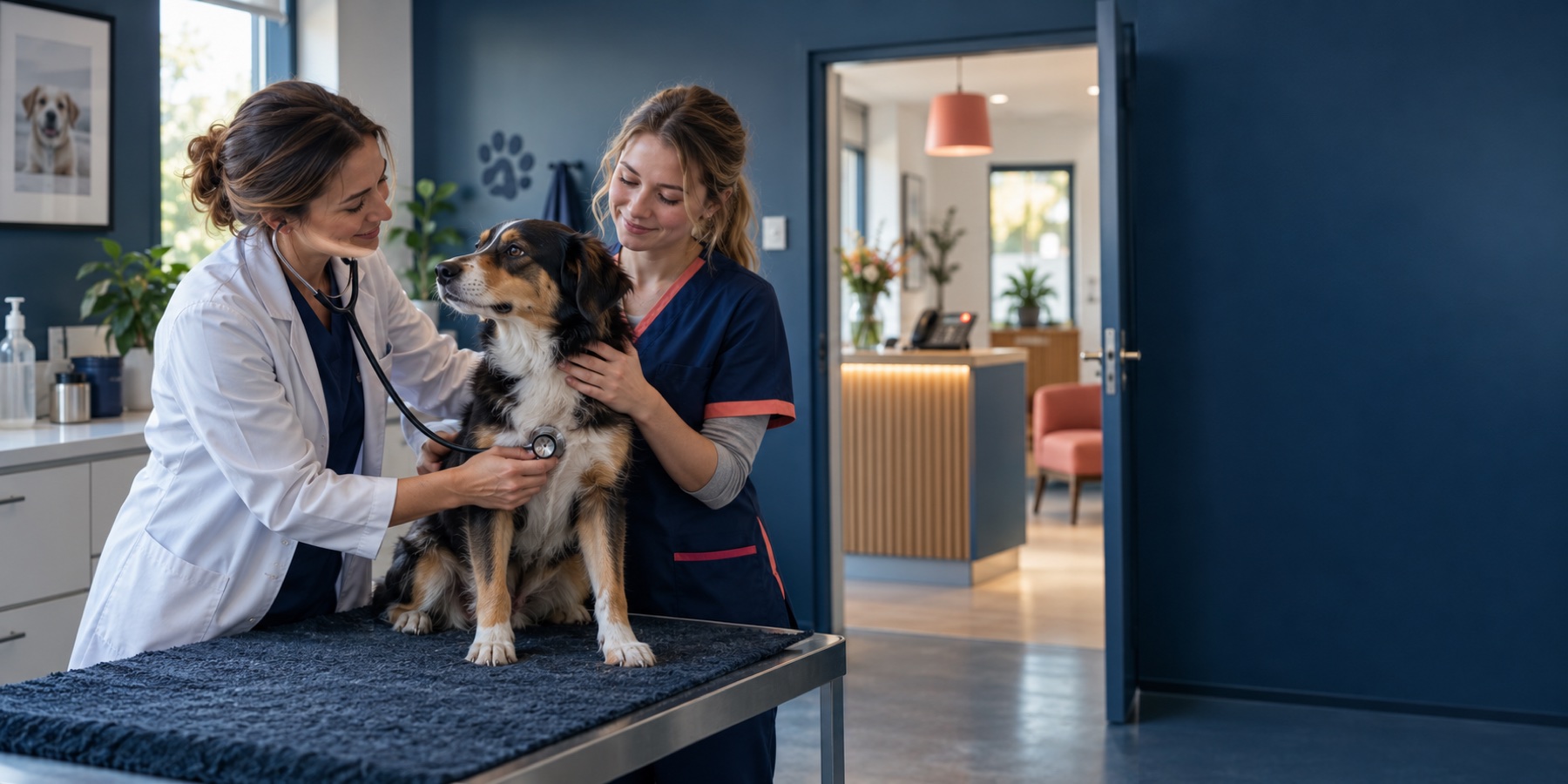 Dierenarts en assistent onderzoeken een hond terwijl op de achtergrond een telefoon wacht op beantwoording