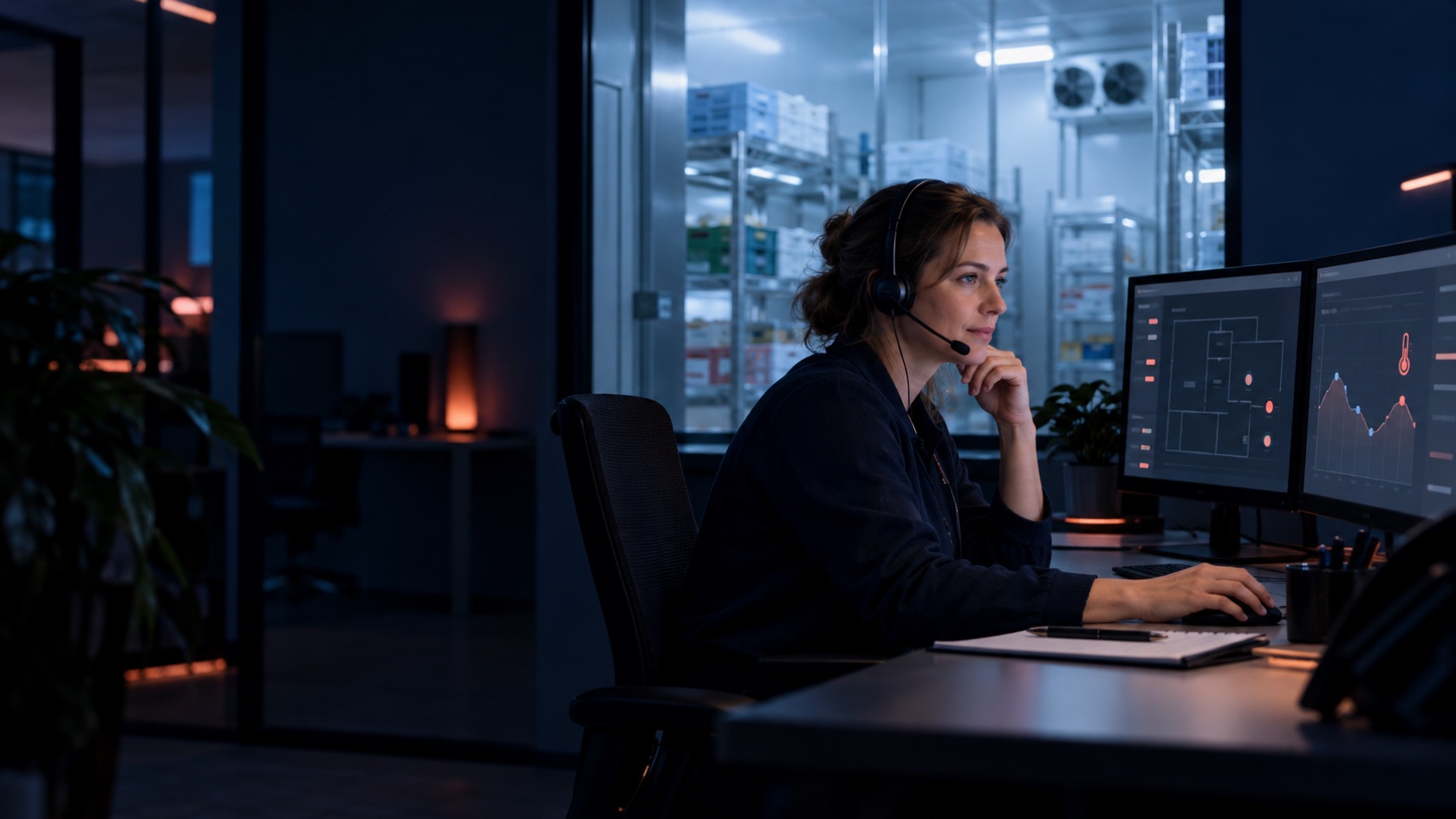 TeleDispatch-medewerker behandelt ’s nachts een temperatuuralarm van een koelinstallatie