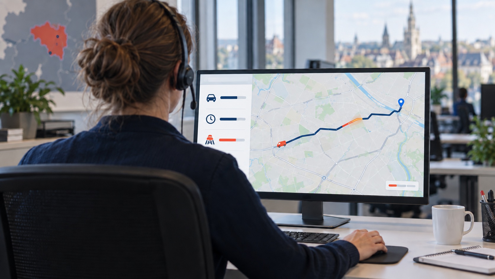 TeleDispatch-operator volgt een mobiele opdracht op een kaartscherm