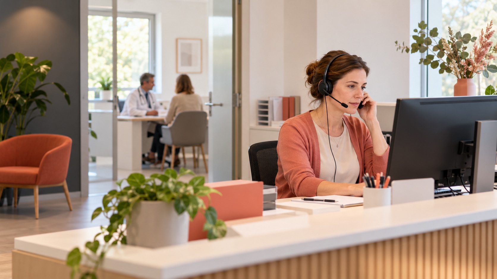 Telefoniste registreert discreet een patiëntvraag terwijl de arts een consultatie voortzet