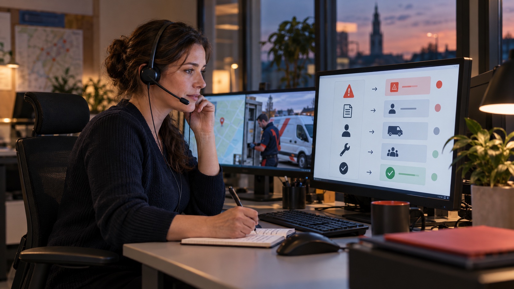 TeleDispatch-medewerker behandelt een technische storingsmelding met een duidelijke contact- en escalatieroute op het scherm
