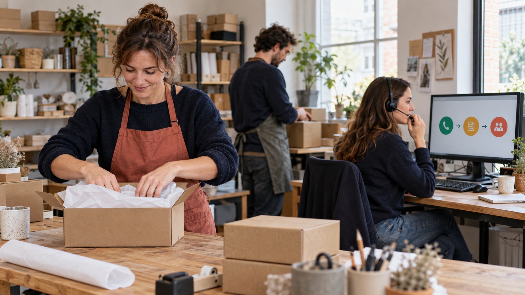 Een klein webshopteam pakt bestellingen in terwijl een medewerker telefonisch een klantvraag verwerkt